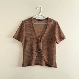 Vintage Brown Crotchet Short Sleeve Tie Front Cardigan